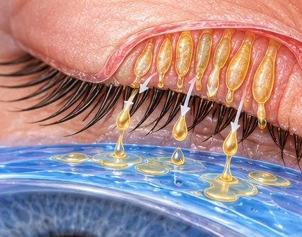 Meibomian oil glands along the eyelid releasing oil onto the tear film