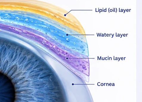 Cross-section of the eye showing the three tear-film layers, lipid, watery and mucin, over the cornea